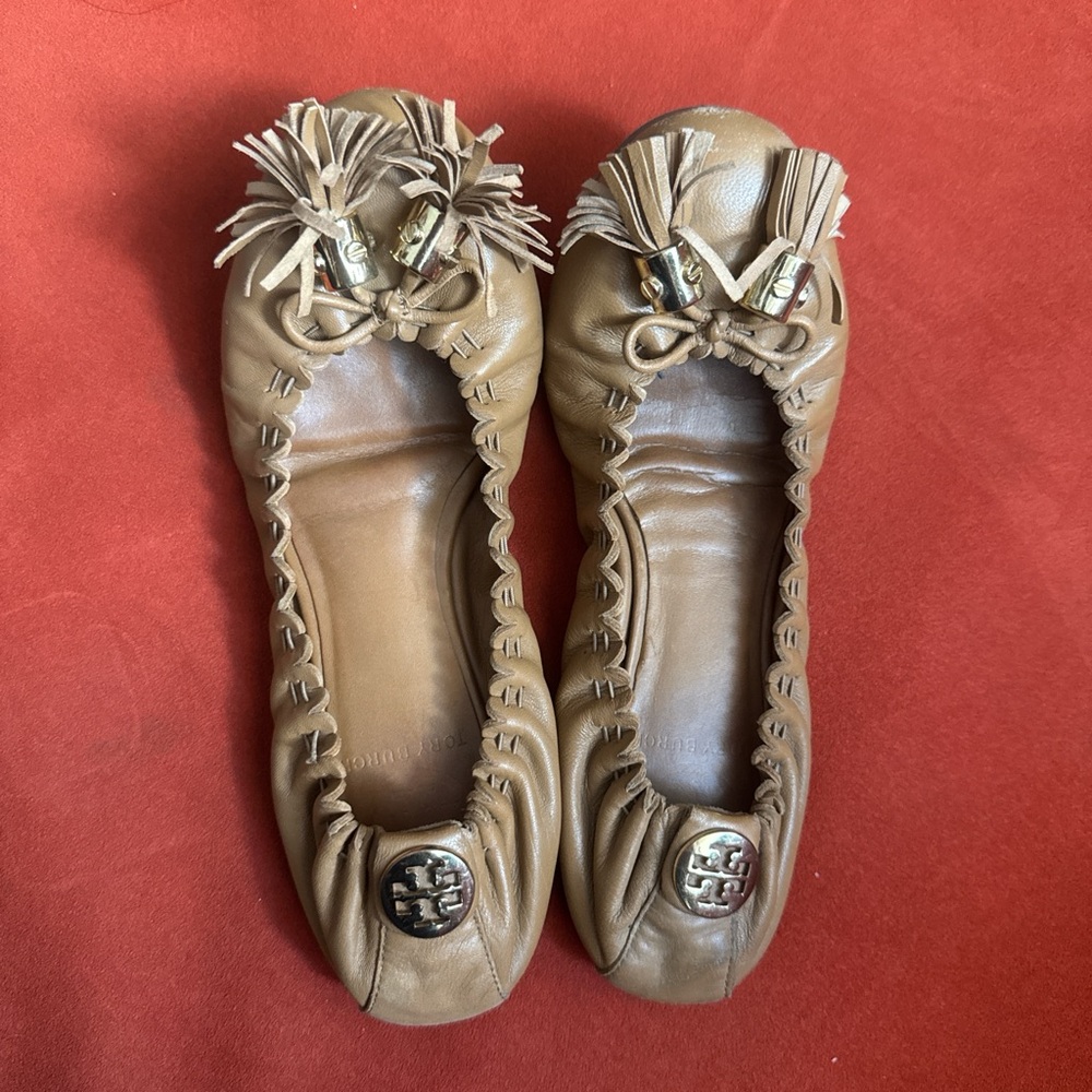 Tory Burch Tan Flats with Ruched Details
